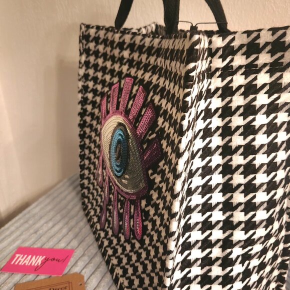 Custom Houndstooth Plaid Handbag with Pink Evil Eye Sequin Embroidery - Picture 3 of 8